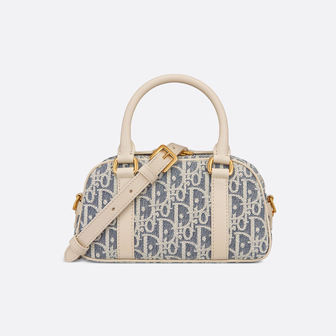 dior d-vibe east-west mini blue oblique jacquard canvas cowhide leather multi carry boston hand crossbody bag